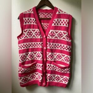 Hand Knit Hot Pink Colour Work Vest - Small